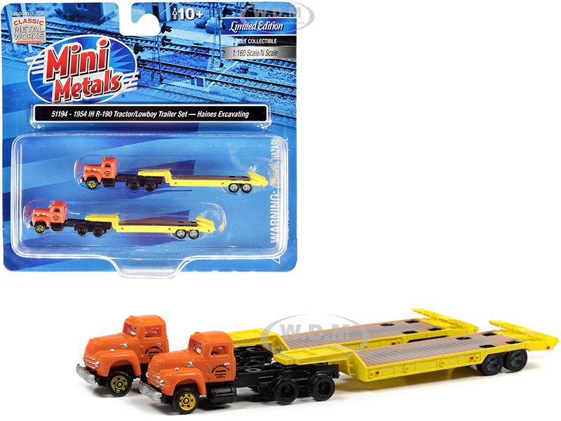 Image of 1954 IH R-190 Truck Tractor with Lowboy Trailer "Haines Excavating" Orange and Yellow Set of 2 pieces 1/160 (N) Scale Models by Classic Metal Works
