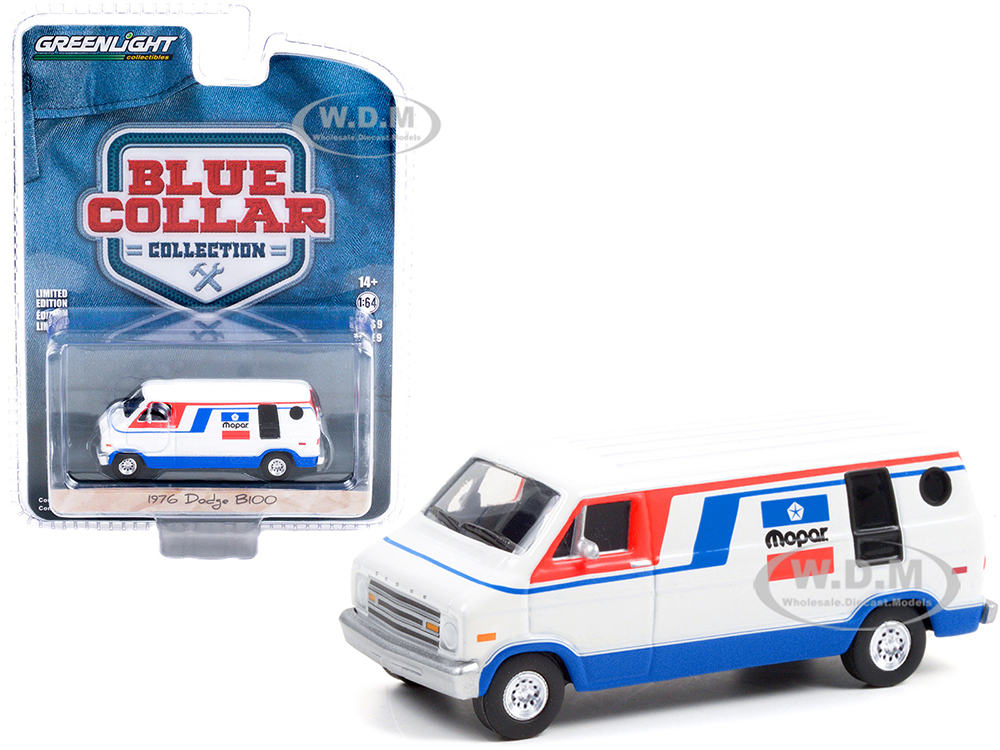 1976 Dodge B100 Van Mopar White with Red and Blue Stripes Blue Collar Collection Series 9 1/64 Diecast Model Car by Greenlight