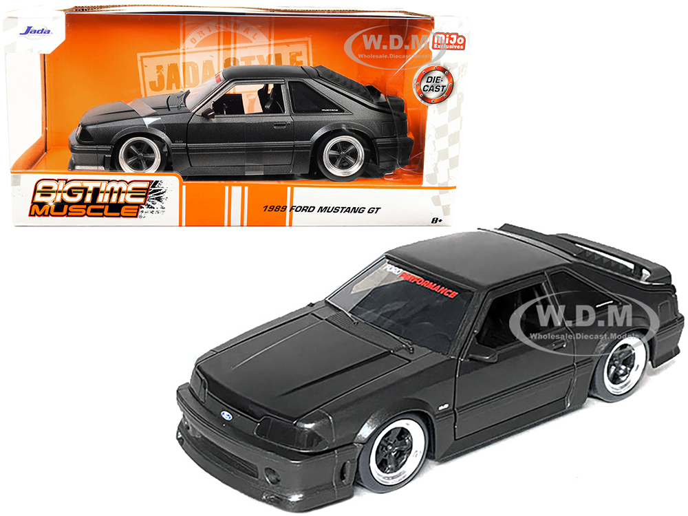 1989 Ford Mustang GT 5.0 Matt Black Metallic with Matt Black Hood "Bigtime Muscle" Series 1/24 Series Diecast Model Car by Jada