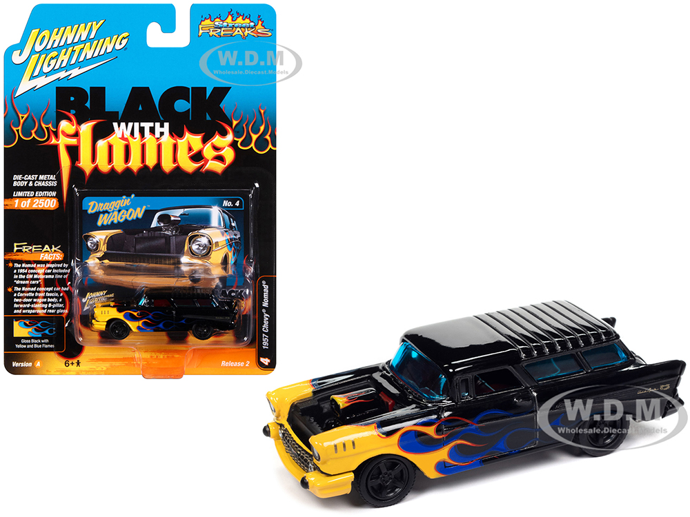 1957 Chevrolet Nomad Draggin Wagon Black with Blue and Yellow Flames Black with Flames Limited Edition to 2500 pieces Worldwide Street Freaks Series 1/64 Diecast Model Car by Johnny Lightning