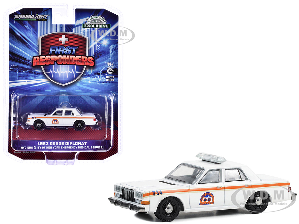 1983 Dodge Diplomat "NYC EMS (City of New York Emergency Medical Service)" White with Orange Stripes "First Responders - Hobby Exclusive" Series 1/64