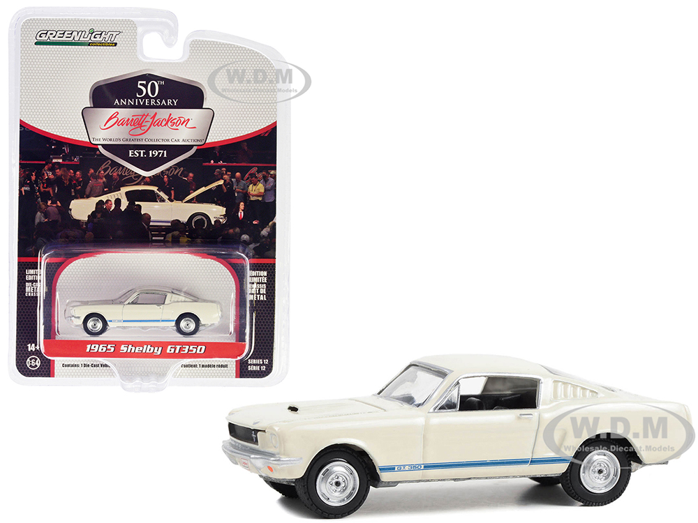 1965 Shelby GT350 White with Blue Stripes (Lot 1381) Barrett Jackson "Scottsdale Edition" Series 12 1/64 Diecast Model Car by Greenlight