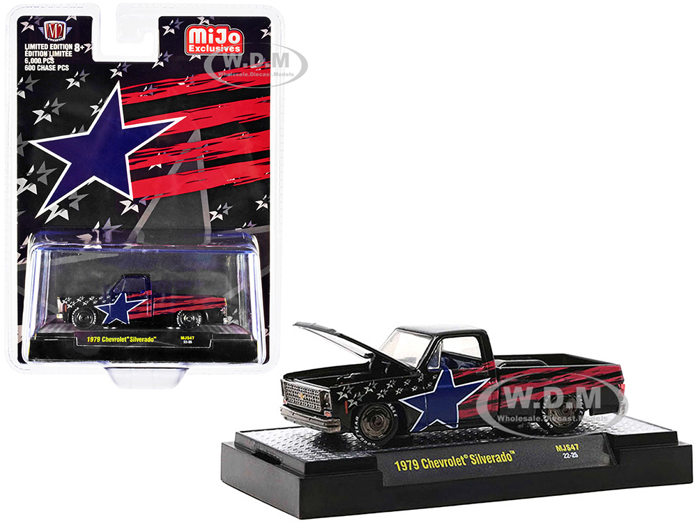 1979 Chevrolet Silverado Pickup Truck Black with Stars and Stripes Graphics Limited Edition to 6000 pieces Worldwide 1/64 Diecast Model Car by M2 Mac