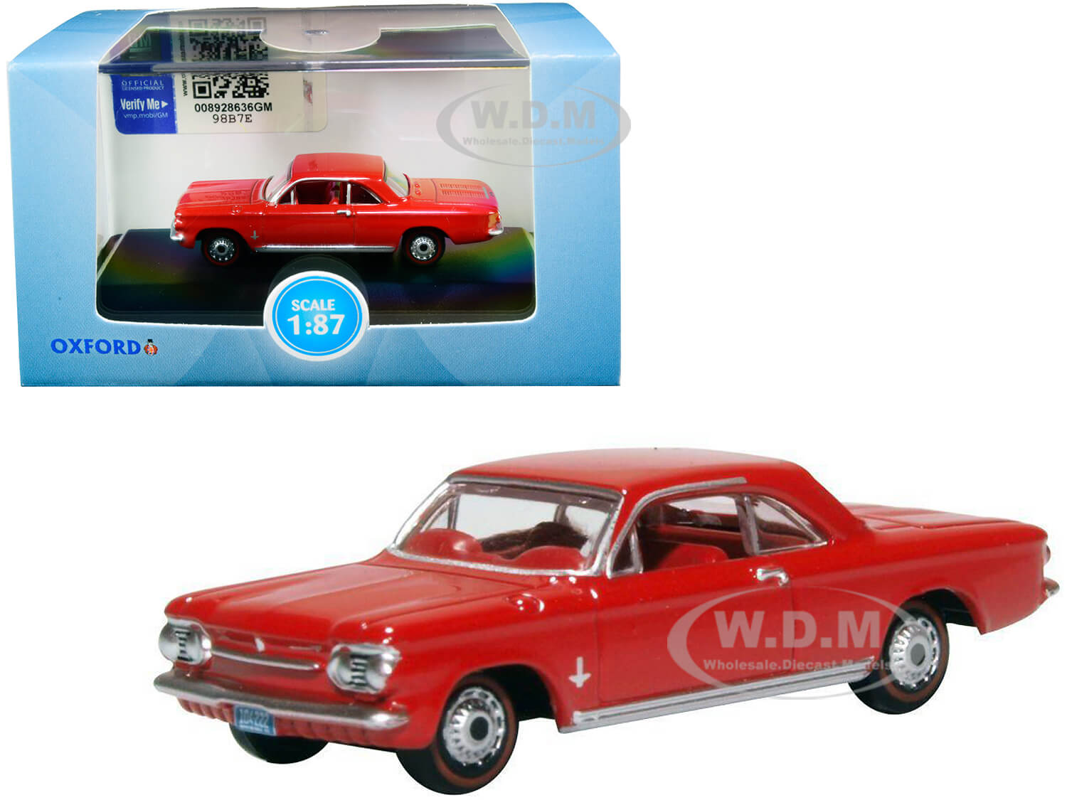 1963 Chevrolet Corvair Coupe Riverside Red with Red Interior 1/87 (HO) Scale Diecast Model Car by Oxford Diecast