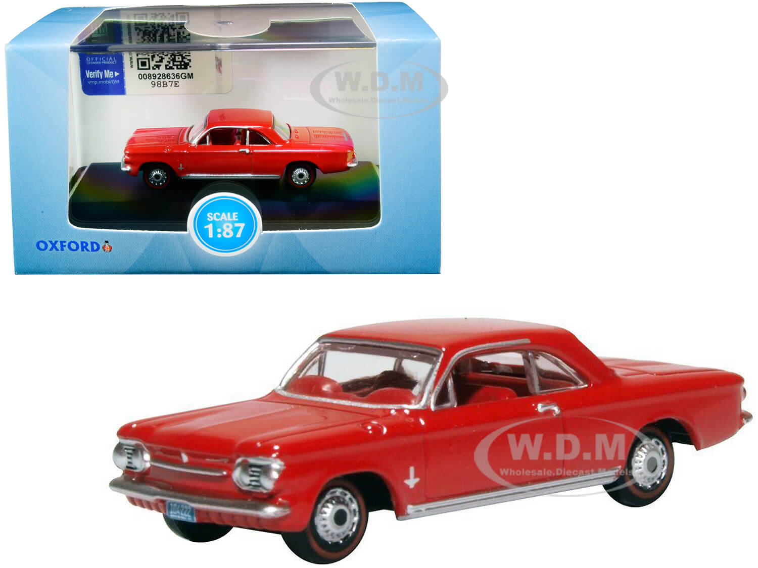 1963 Chevrolet Corvair Coupe Riverside Red With Red Interior 1/87 (ho) Scale Diecast Model Car By Oxford Diecast