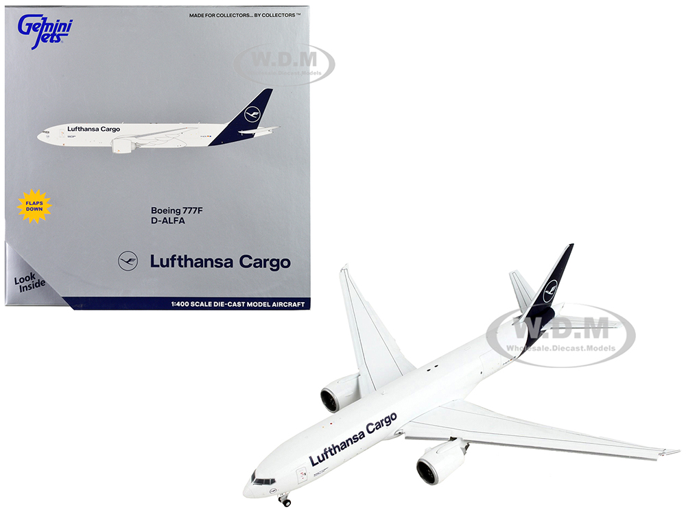 Boeing 777F Commercial Aircraft with Flaps Down Lufthansa Cargo White with Dark Blue Tail 1/400 Diecast Model Airplane by GeminiJets