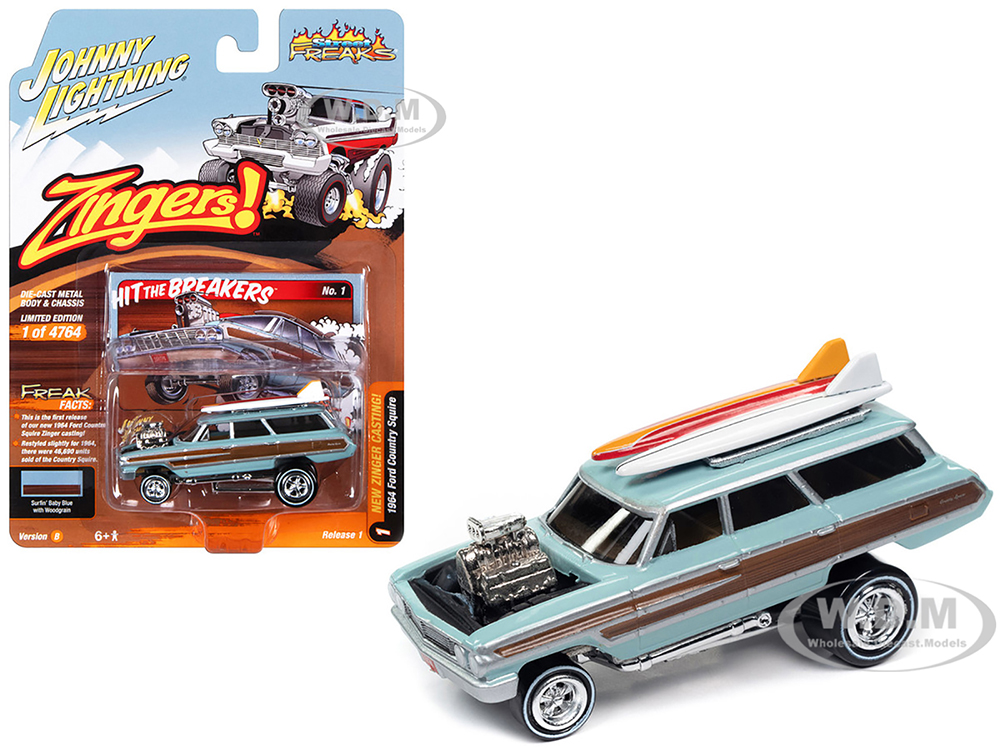 1964 Ford Country Squire Surfin Baby Blue with Woodgrain Panels and Surfboard on Roof "Zingers" Limited Edition to 4764 pieces Worldwide "Street Frea