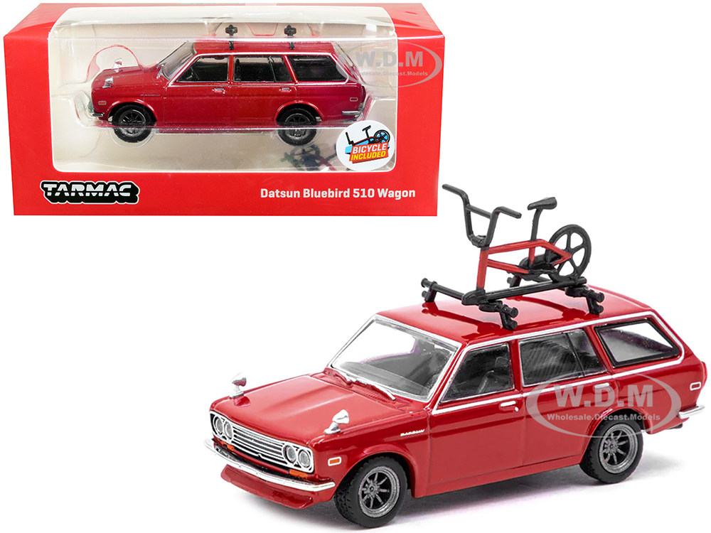 Datsun Bluebird 510 Wagon with Roof Rack Red and Bicycle "Global64" Series 1/64 Diecast Model Car by Tarmac Works