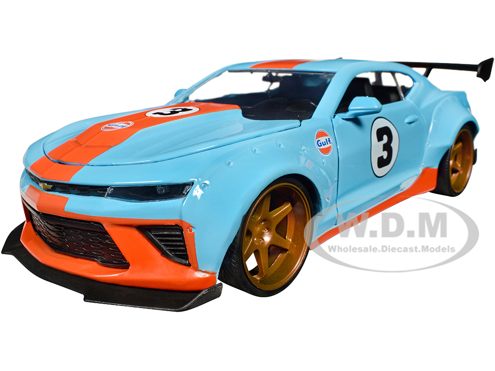 2016 Chevrolet Camaro Widebody #3 Light Blue with Orange Stripes Gulf Oil Wide Body Series 1/24 Diecast Model Car by Jada