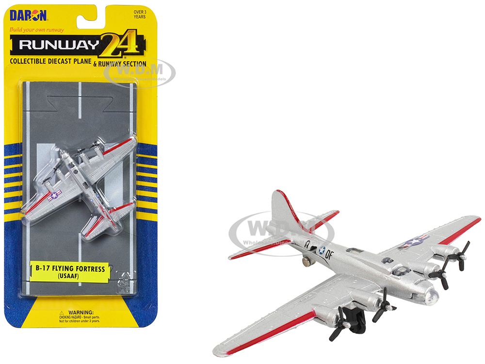 Boeing B-17 Flying Fortress Bomber Aircraft Silver Metallic United States Army Air Force with Runway Section Diecast Model Airplane by Runway24