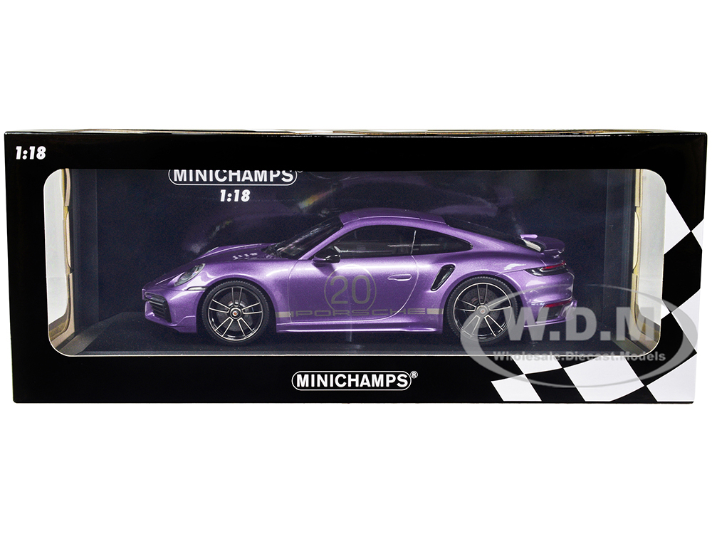 2021 Porsche 911 Turbo S with SportDesign Package #20 Viola Purple Metallic with Silver Stripes Limited Edition to 504 pieces Worldwide 1/18 Diecast Model Car by Minichamps