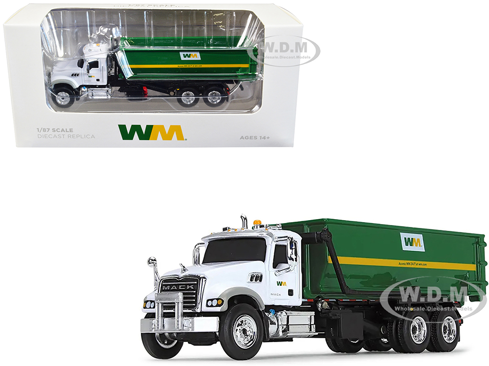 Mack Granite MP Refuse Garbage Truck with Tub-Style Roll-Off Container Waste Management White and Green 1/87 (HO) Diecast Model by First Gear