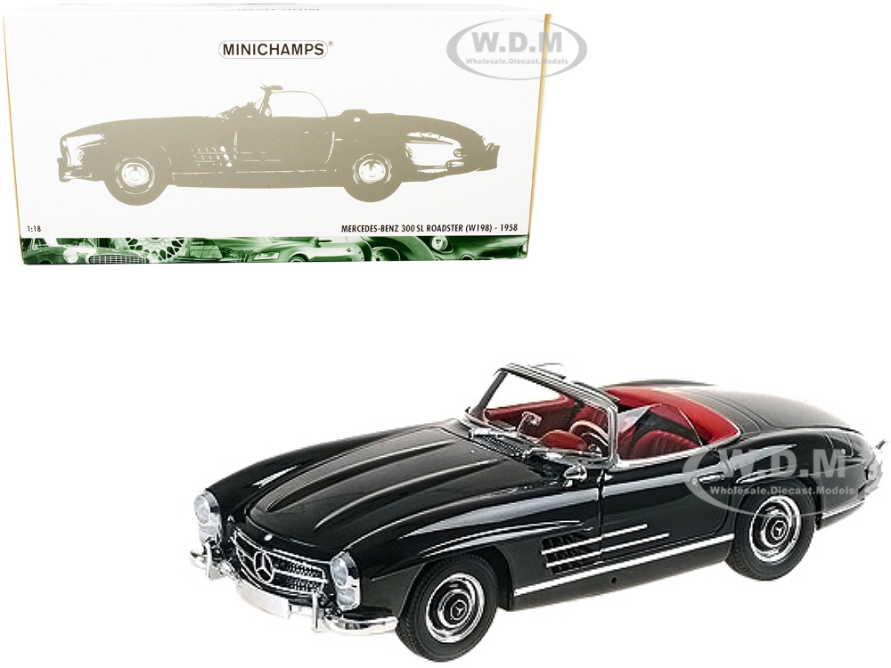 1958 Mercedes Benz 300 SL (W198) Roadster Black with Red Interior 1/18 Diecast Model Car by Minichamps