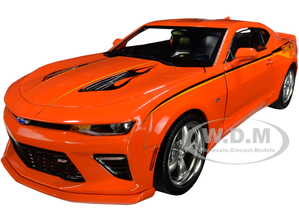 Image of 2016 Chevrolet Nickey Super Camaro Hugger Orange with Stripes and Flames "Muscle Car &amp; Corvette Nationals" (MCACN) 1/18 Diecast Model Car by Auto