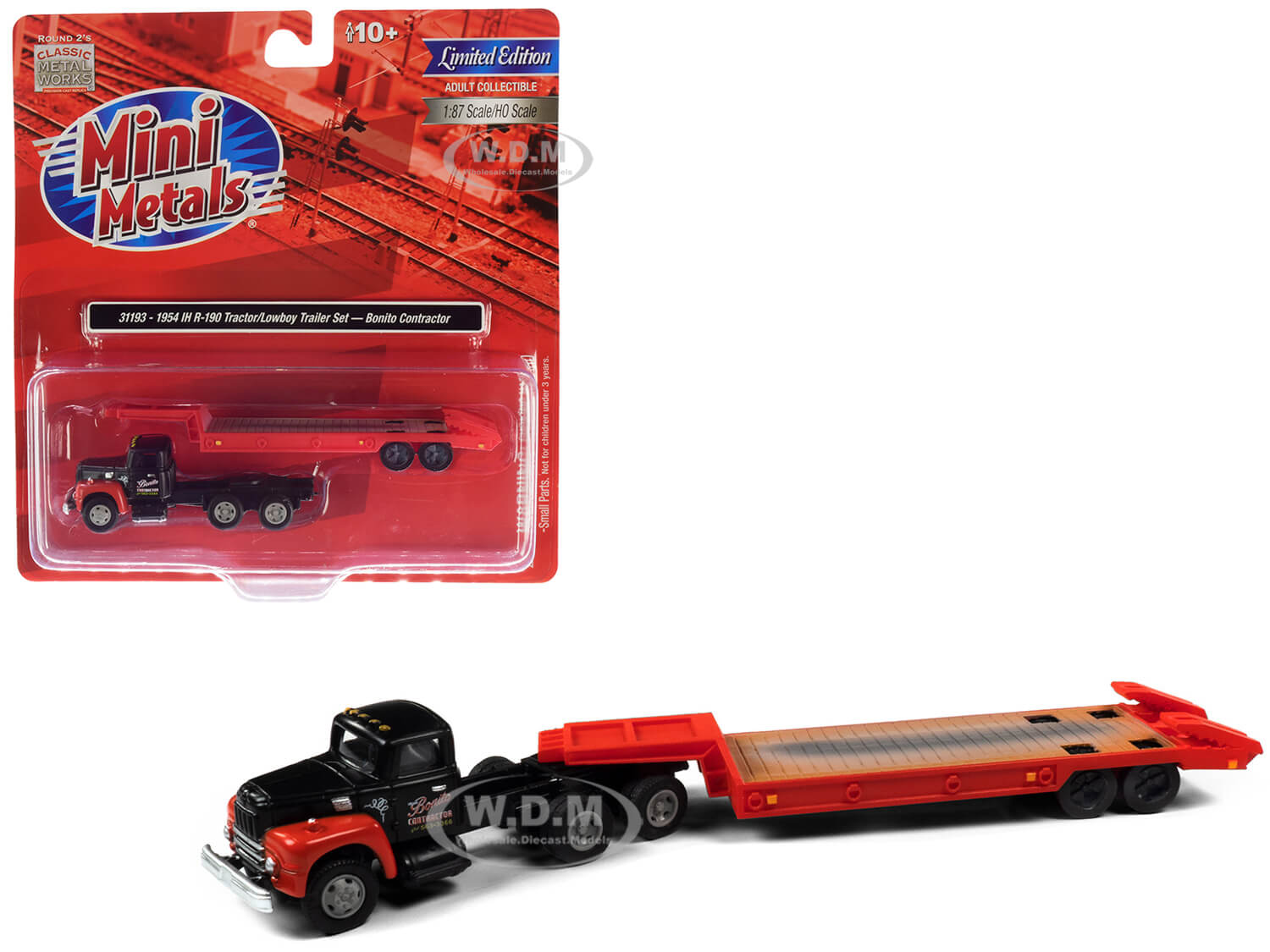 Image of 1954 IH R-190 Tractor Truck with Lowboy Trailer "Bonito Contractor" Black and Red 1/87 (HO) Scale Model by Classic Metal Works
