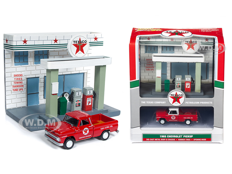 Image of 1965 Chevrolet Pickup Truck and Resin "Texaco" Service Station Diorama Set 1/64 Diecast Model by Johnny Lightning