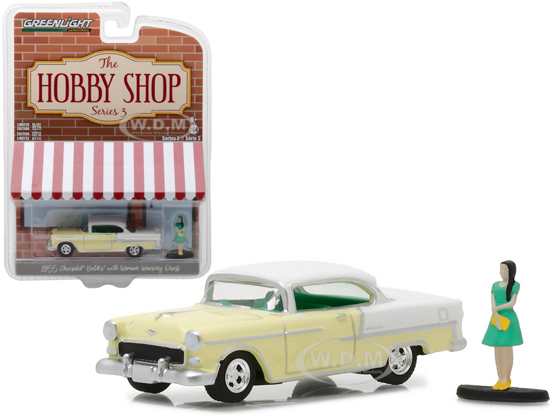 Image of 1955 Chevrolet Bel Air Yellow with Woman in Dress "The Hobby Shop" Series 3 1/64 Diecast Model Car by Greenlight