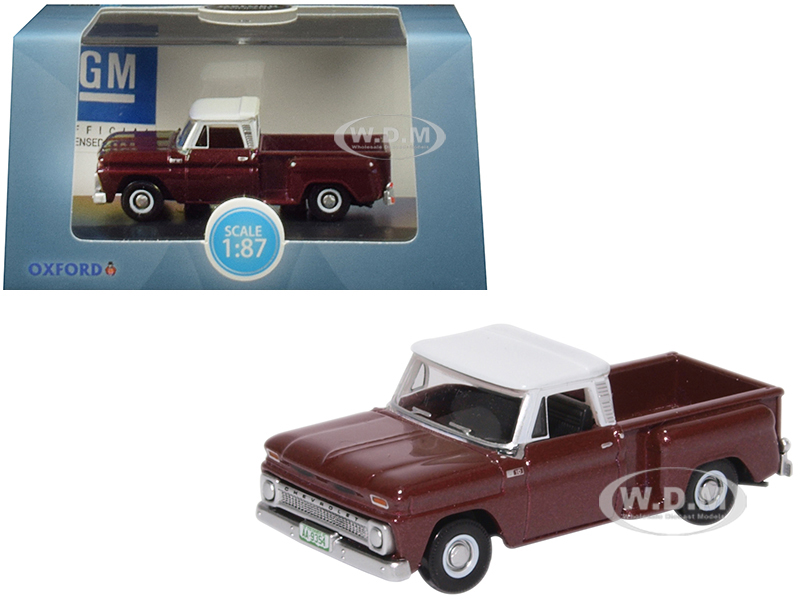 Image of 1965 Chevrolet C10 Stepside Pickup Truck Metallic Maroon with White Top 1/87 (HO) Scale Diecast Model Car by Oxford Diecast