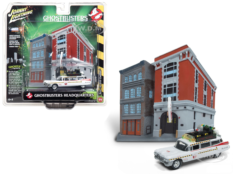 Image of 1959 Cadillac Ecto-1A Ambulance with Firehouse Exterior Diorama from "Ghostbusters II" (1989) Movie 1/64 Diecast Model by Johnny Lightning