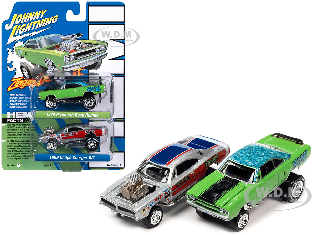 1970 Plymouth Road Runner HEMI Green with Blue Flower Top and Black Stripe and 1969 Dodge Charger R/T Silver Metallic with Graphics 