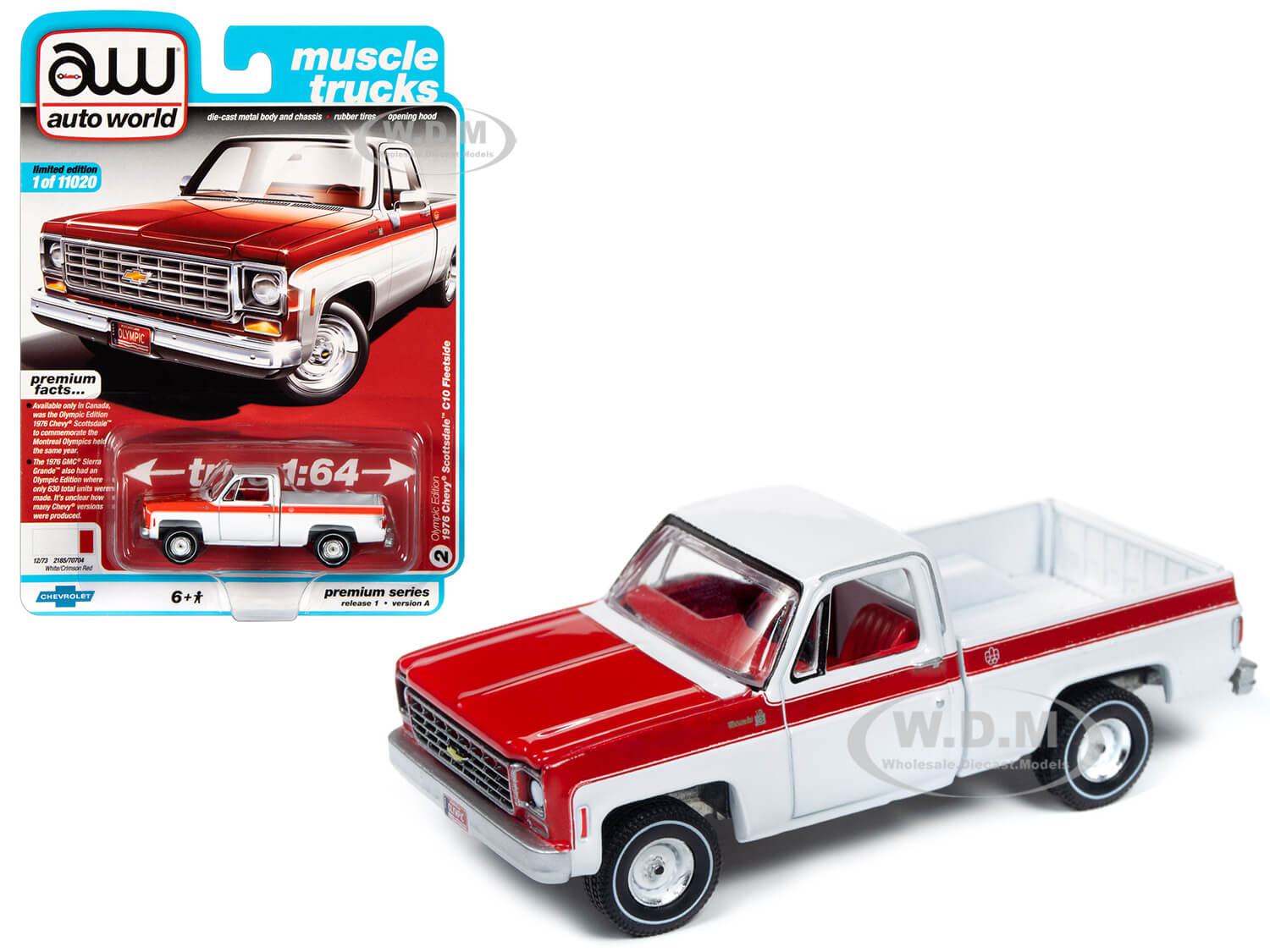 Image of 1976 Chevrolet Scottsdale C10 Fleetside Pickup Truck "Olympic Edition" White and Red "Muscle Trucks" Limited Edition to 11020 pieces Worldwide 1/64 D