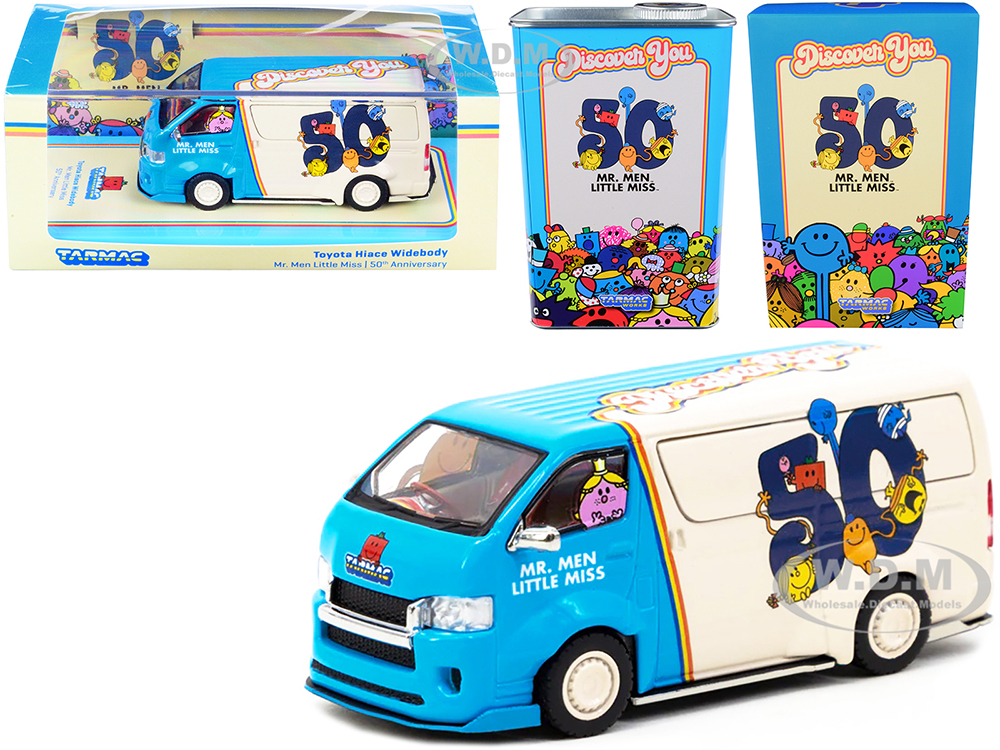Toyota Hiace Widebody Van Mr. Men Little Miss 50th Anniversary (1971-2021) with METAL OIL CAN 1/64 Diecast Model Car by Tarmac Works