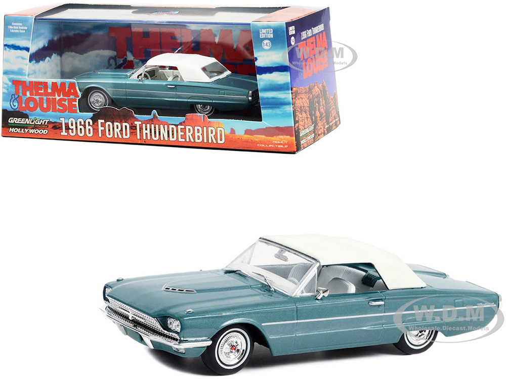 1966 Ford Thunderbird Convertible (Top-Up) Light Blue Metallic with White Interior Thelma & Louise (1991) Movie Hollywood Series 1/43 Diecast Model Car by Greenlight