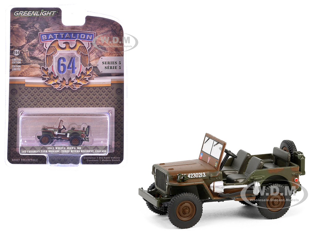 1942 Willys Jeep MB 1st Canadian Tank Brigade Three Rivers Regiment England Green and Brown Camouflage Battalion 64 Series 1/64 Diecast Model Car by Greenlight