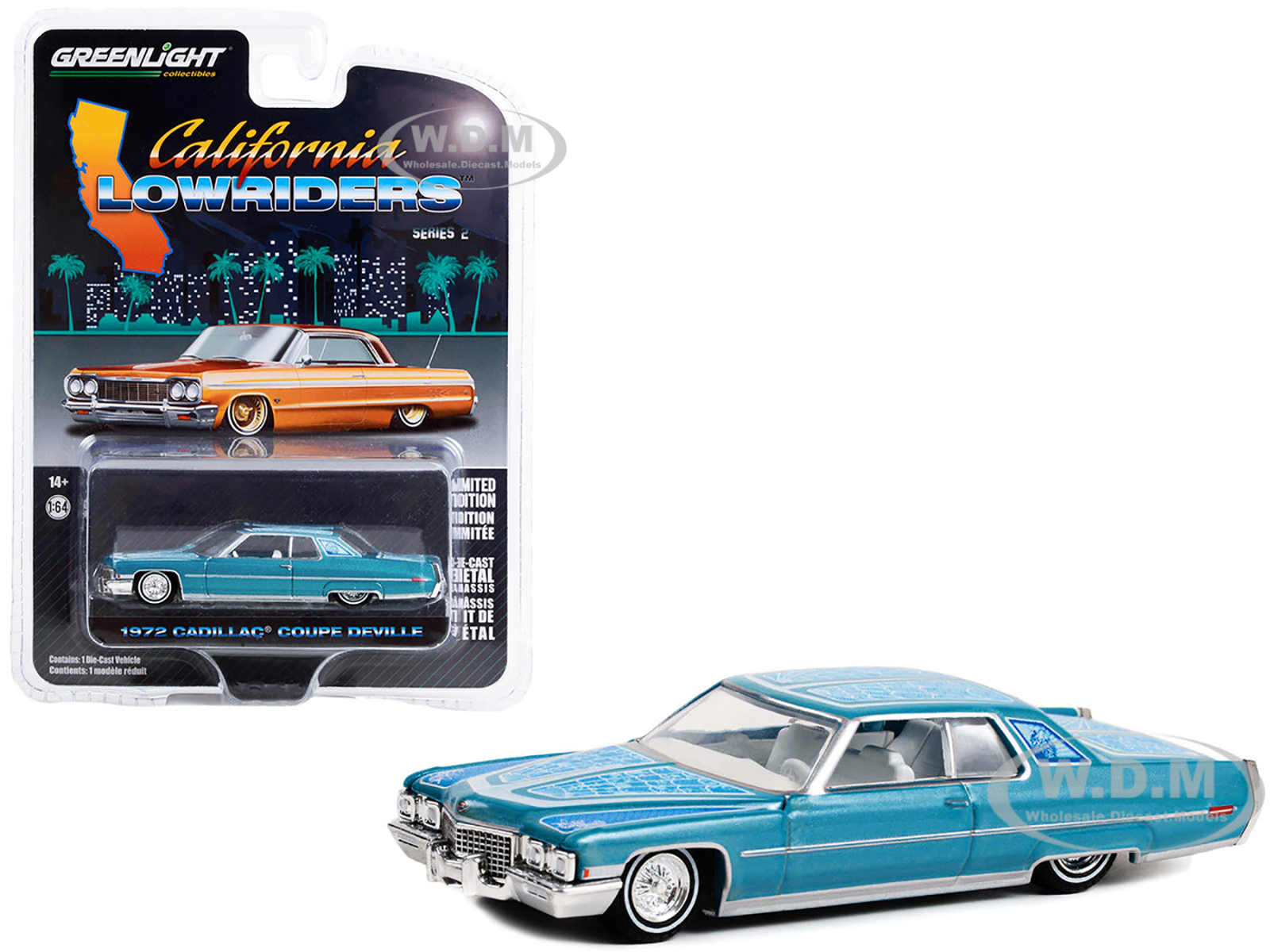1972 Cadillac Coupe DeVille Custom Light Blue Metallic with White Interior and Graphics California Lowriders Series 2 1/64 Diecast Model Car by Greenlight