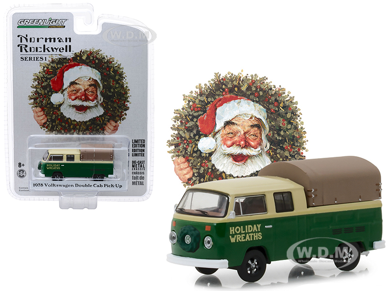 1978 Volkswagen Double Cab Pickup with Canopy Holiday Wreaths Green and Yellow Norman Rockwell Delivery Vehicles Series 1 1/64 Diecast Model by Greenlight