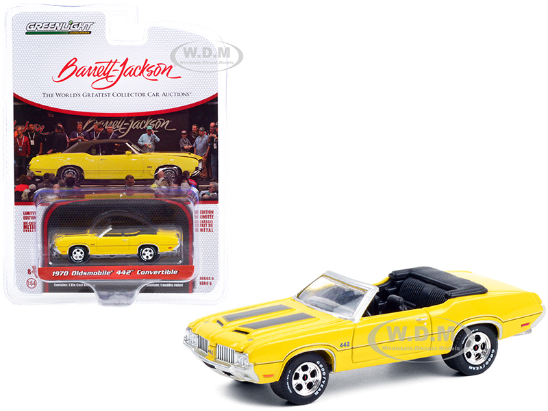 1970 Oldsmobile 442 Convertible Sebring Yellow with Black Stripes (Lot 743) Barrett Jackson "Scottsdale Edition" Series 6 1/64 Diecast Model Car by G