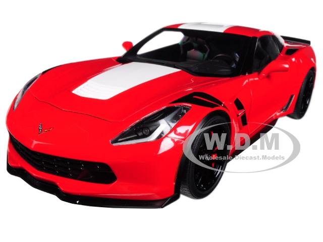 2017 Chevrolet Corvette C7 Grand Sport Red with White Stripe and Black Fender Hash Marks 1/18 Model Car by Autoart