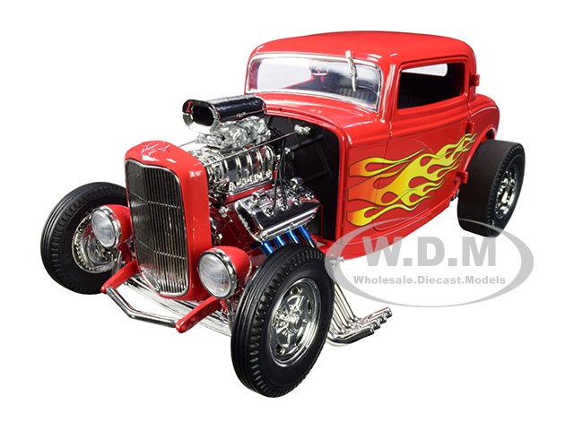 Image of 1932 Ford Blown 3 Window Hot Rod "Flamethrower" Red with Flames Limited Edition to 522 pieces Worldwide 1/18 Diecast Model Car by ACME
