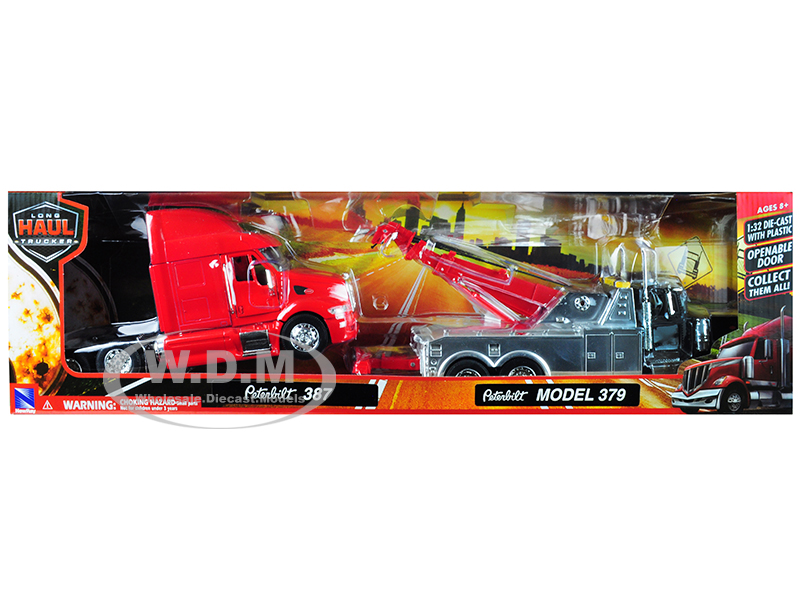 Peterbilt 379 Tow Truck Black With Peterbilt 387 Truck Tractor Red Set Of 2 Pieces 1/32 Diecast Models By New Ray