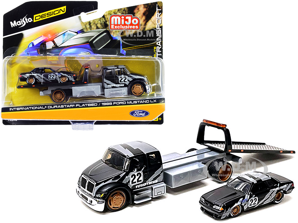 International DuraStar Flatbed Truck #22 and 1988 Ford Mustang LX #22 Matt Black with Gray Graphics Toyo Tires Elite Transport Series 1/64 Diecast Models by Maisto