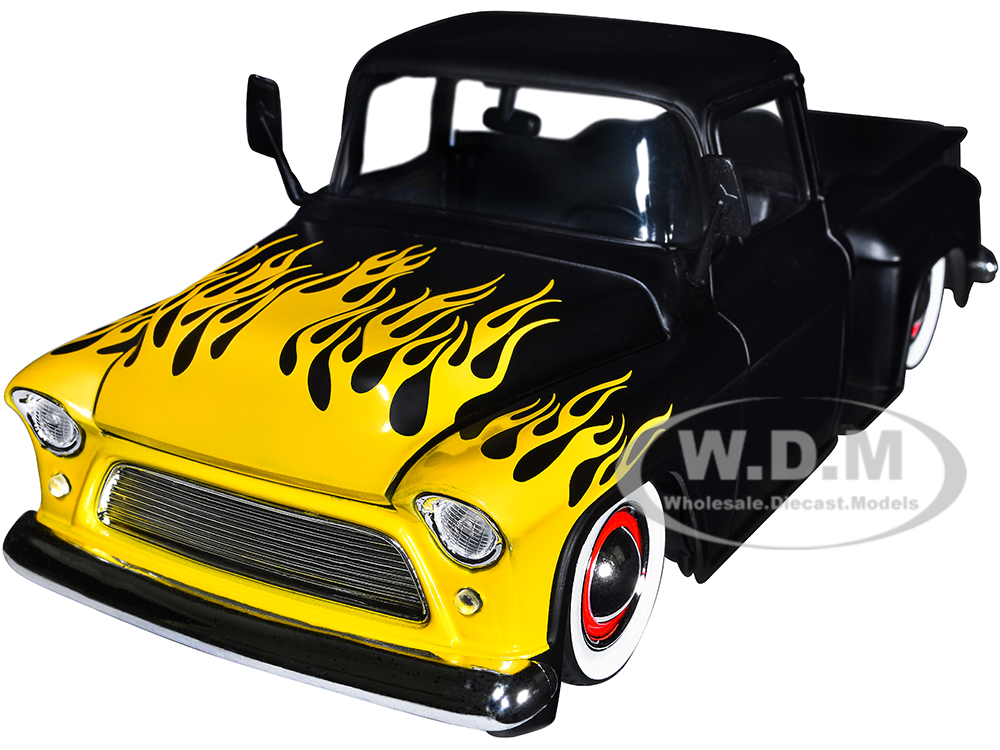 1955 Chevrolet Stepside Pickup Truck Matt Black with Yellow Flames "Just Trucks" Series 1/24 Diecast Model Car by Jada