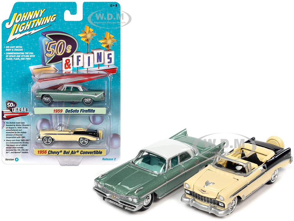 1959 Desoto Fireflite Surf Green Metallic with White Top and 1956 Chevrolet Bel Air Convertible Crocus Yellow and Black 50s & Fins Series Set of 2 Cars 1/64 Diecast Model Cars by Johnny Lightning