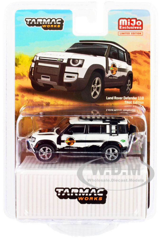 Land Rover Defender 110 Trek Edition with Roof Rack White Metallic with Graphics Palm Springs 1/64 Diecast Model Car by Tarmac Works