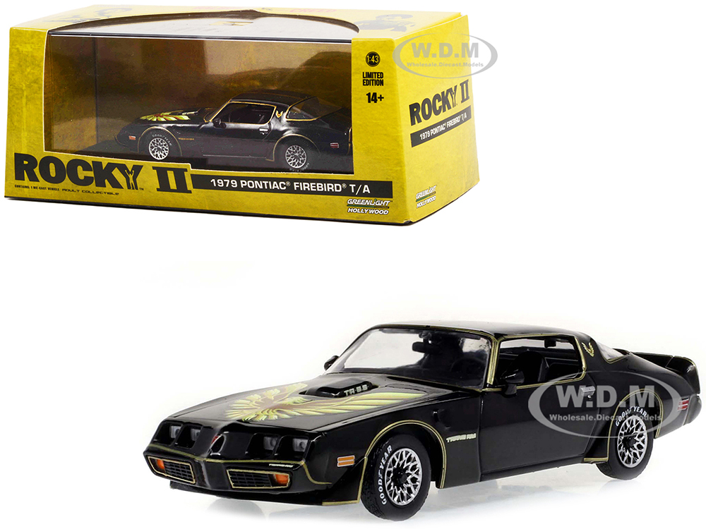1979 Pontiac Firebird T/A Trans Am Black with Hood Phoenix "Rocky II (1979) Movie" 1/43 Diecast Model Car by Greenlight