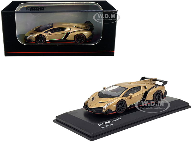 Image of Lamborghini Veneno Gold with Red Line 1/64 Diecast Model Car by Kyosho