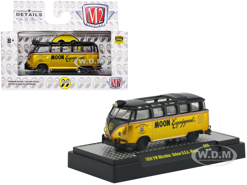 1959 Volkswagen Microbus Deluxe U.s.a. Model "mooneyes" Liquid Gold And Black "moon Equipment Co." Limited Edition To 3680 Pieces Worldwide 1/64 Diec
