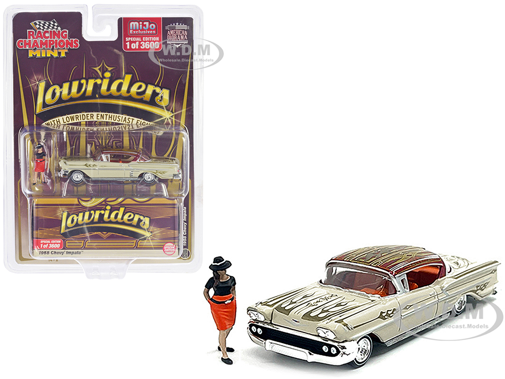 1958 Chevrolet Impala Lowrider Beige With Graphics And Orange Interior With Diecast Figure Limited Edition To 3600 Pieces Worldwide 1/64 Diecast Mode