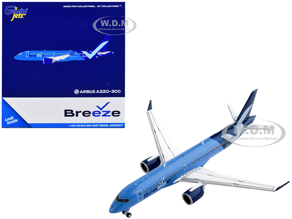 Airbus A220-300 Commercial Aircraft "Breeze Airways" Blue with White Wings 1/400 Diecast Model Airplane by GeminiJets