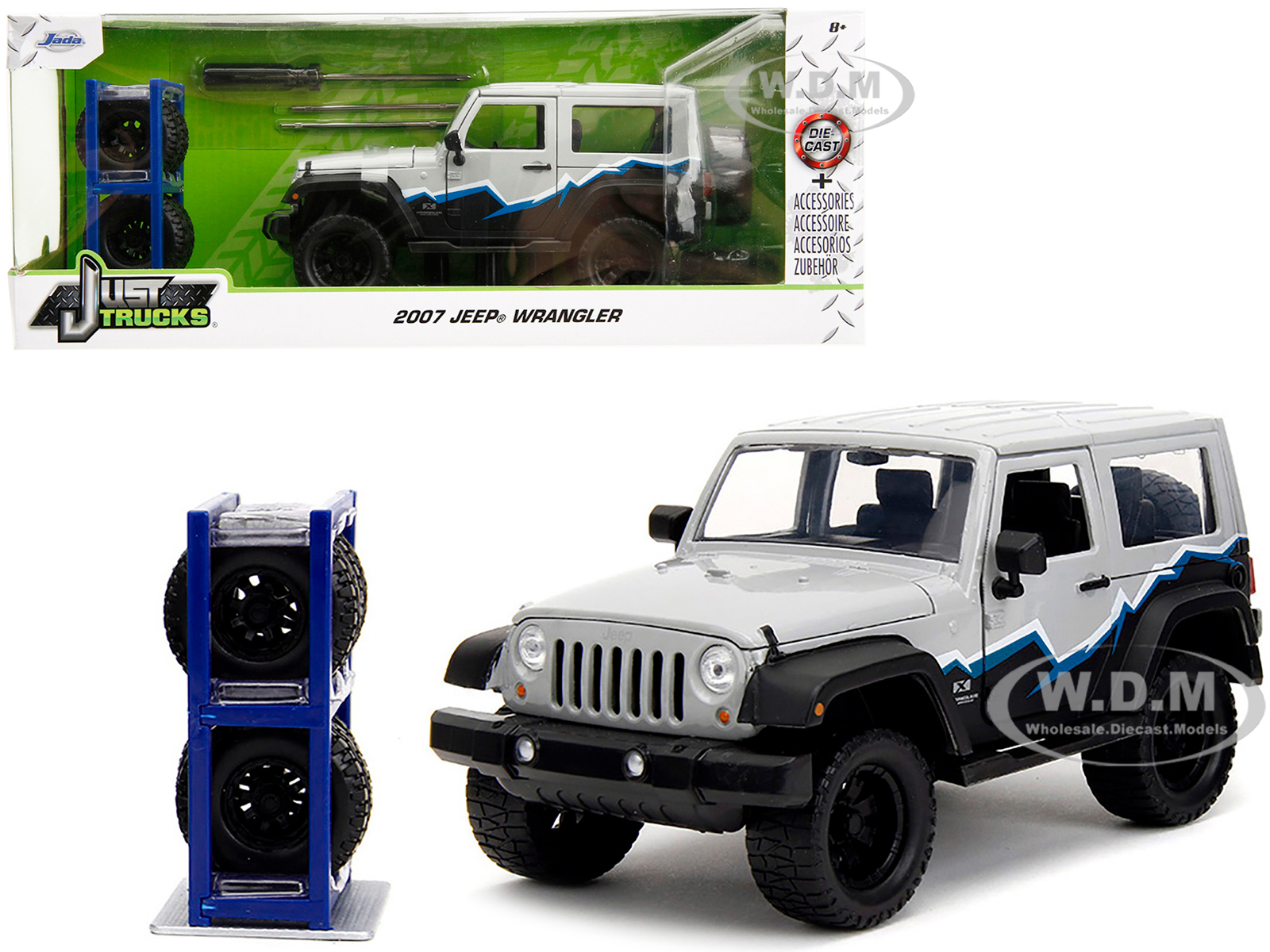 2007 Jeep Wrangler Gray And Black With Blue And White Stripes With Extra Wheels Just Trucks Series 1/24 Diecast Model Car By Jada