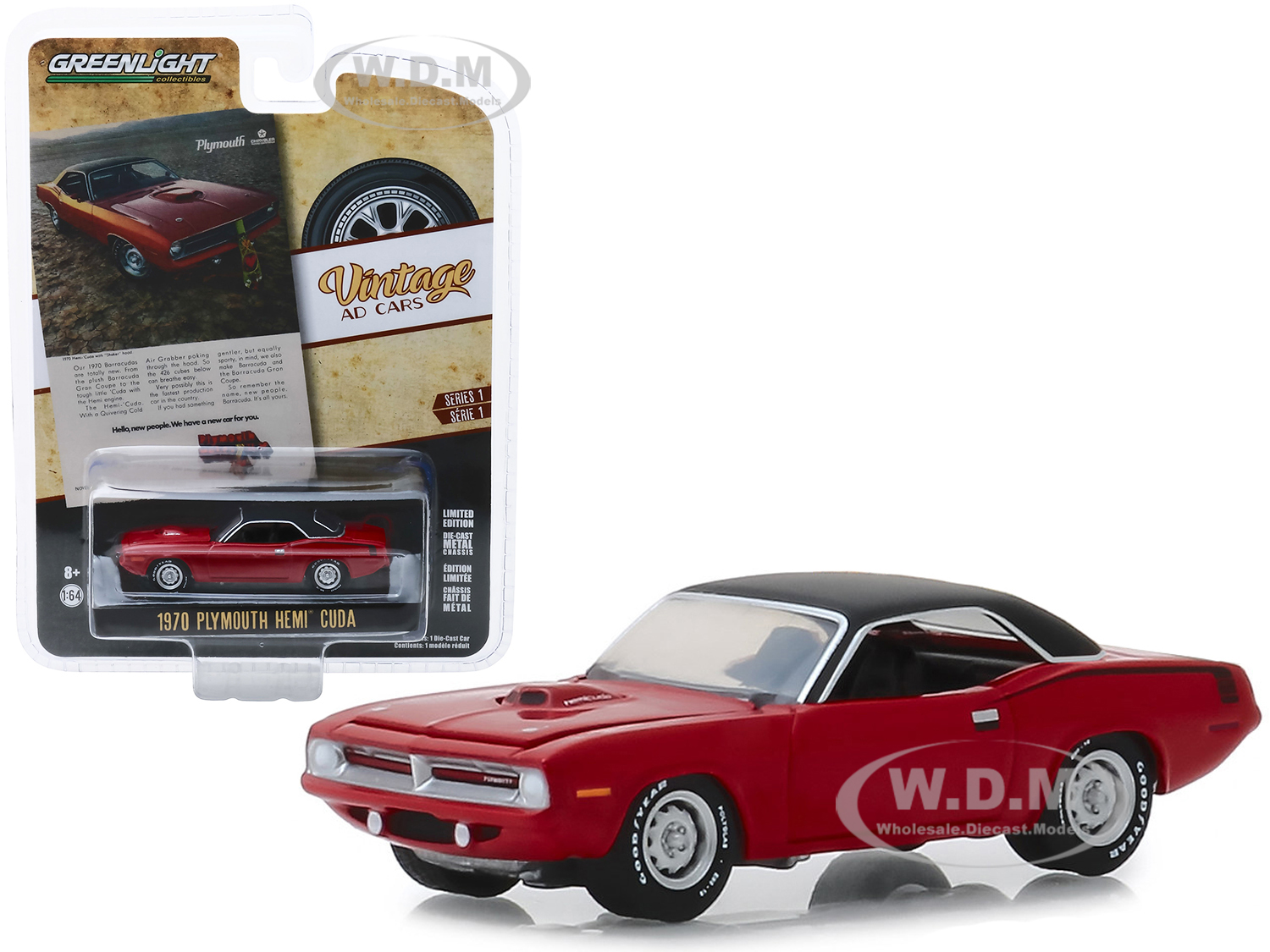 1970 Plymouth Hemi Barracuda Red With Black Top "hello New People. We Have A New Car For You" "vintage Ad Cars" Series 1 1/64 Diecast Model Car By Gr