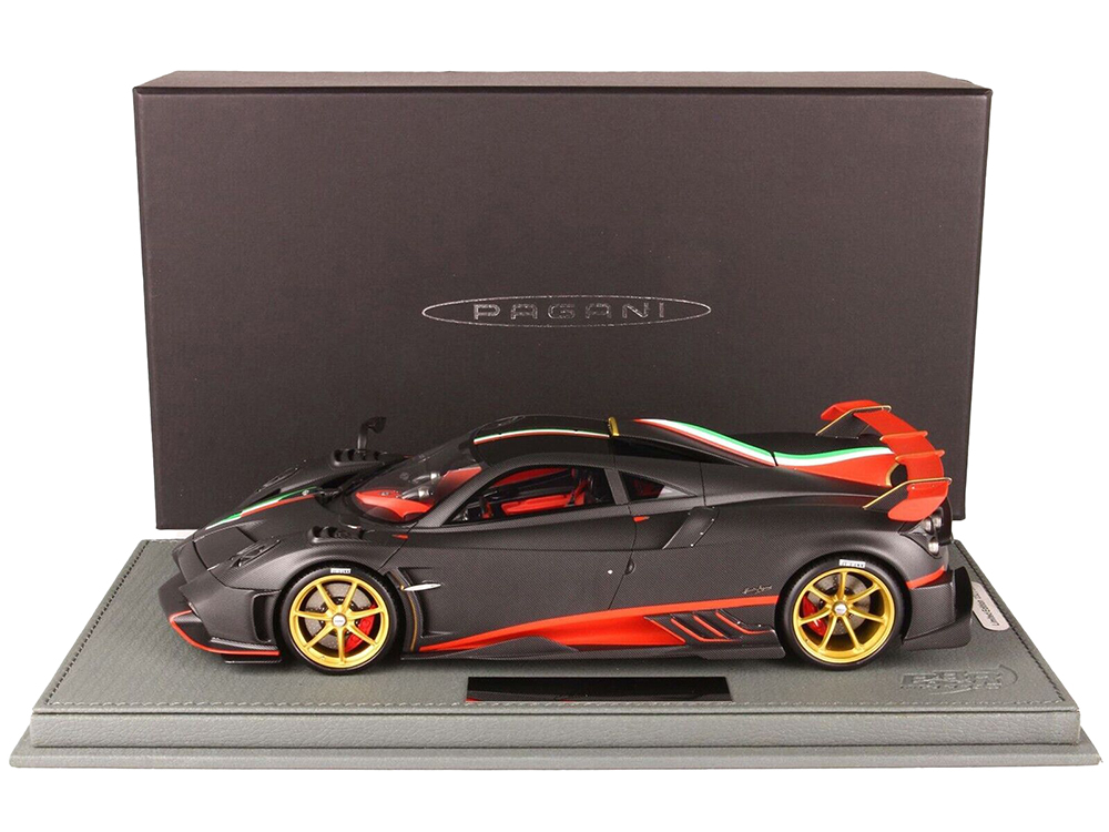 2020 Pagani Imola Matt Carbon Fibre Black with Italian Flag Stripes with DISPLAY CASE Limited Edition to 300 pieces Worldwide 1/18 Model Car by BBR