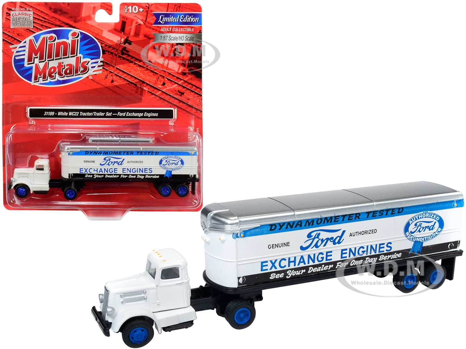 Image of White WC22 Tractor Trailer "Ford Exchange Engines" White 1/87 (HO) Scale Model by Classic Metal Works