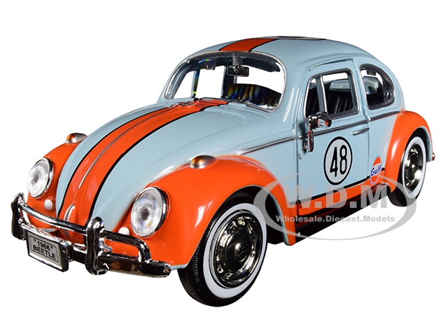 1966 Volkswagen Beetle 48 with "Gulf" Livery Light Blue with Orange Stripe 1/24 Diecast Model Car by Motormax