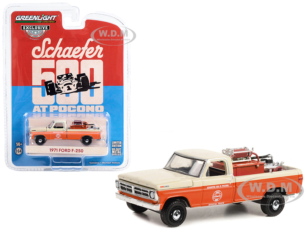 1971 Ford F-250 Pickup Truck with Fire Equipment Hose and Tank Schaefer 500 at Pocono Official Truck (1971) Hobby Exclusive Series 1/64 Diecast Model Car by Greenlight