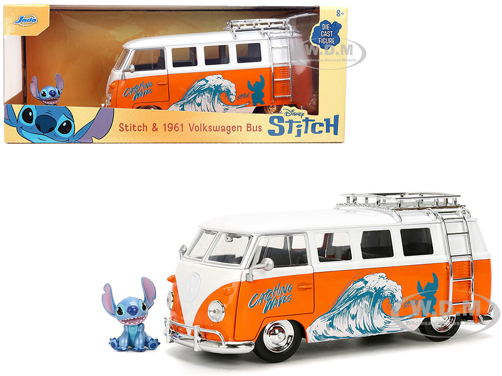 1961 Volkswagen Bus "Catching Waves" White and Orange with Stich Diecast Figure "Disneys Stitch" "Hollywood Rides" Series 1/24 Diecast Model by Jada